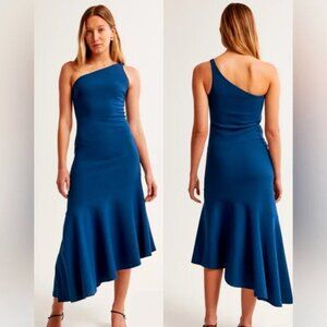 XSP A&F One-Shoulder Asymmetrical Hem Midi Dress in Navy